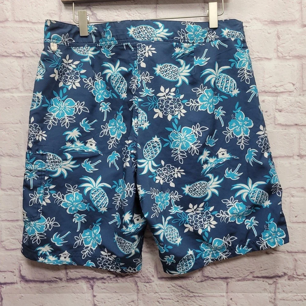 J Crew Flex Swimwear Swim‎ Trunks Board Shorts Mens XL Blue Tropical Pineapples